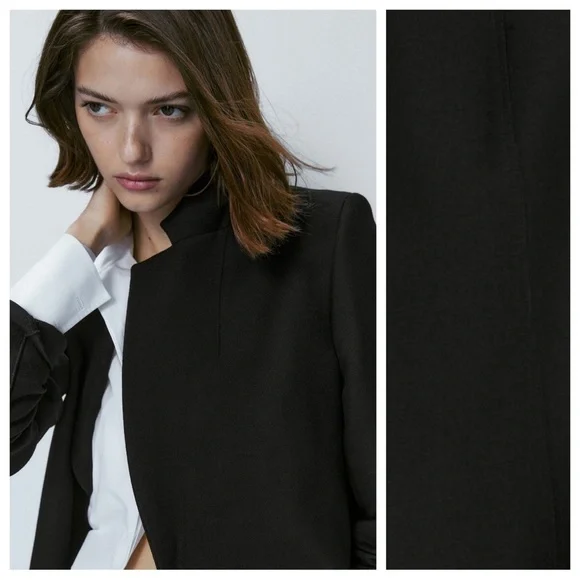 NWT. Massimo Dutti Black 100% Wool Micro-Textured Open Blazer. Size 2, 4. - Picture 3 of 15